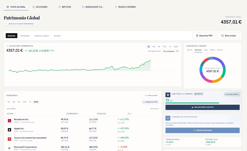 Dashboard de patrimonio global con evolución, sectores y posiciones en The Vault